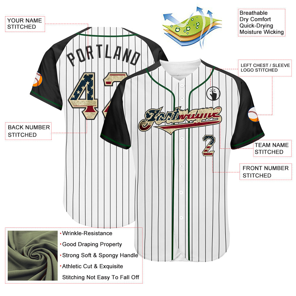Custom White Black Pinstripe Vintage USA Flag Cream-Green Authentic Raglan Sleeves Baseball Jersey view 3