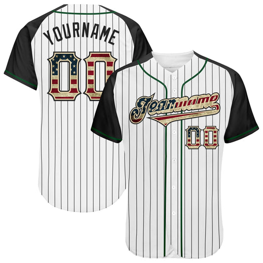 Custom White Black Pinstripe Vintage USA Flag Cream-Green Authentic Raglan Sleeves Baseball Jersey - Main View