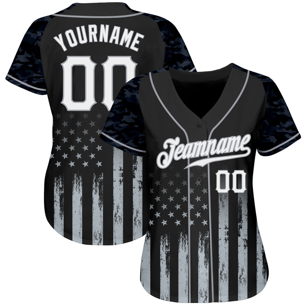 Custom Black White-Gray Camo Raglan Sleeves American Flag Patriotic Authentic Baseball Jersey view 2