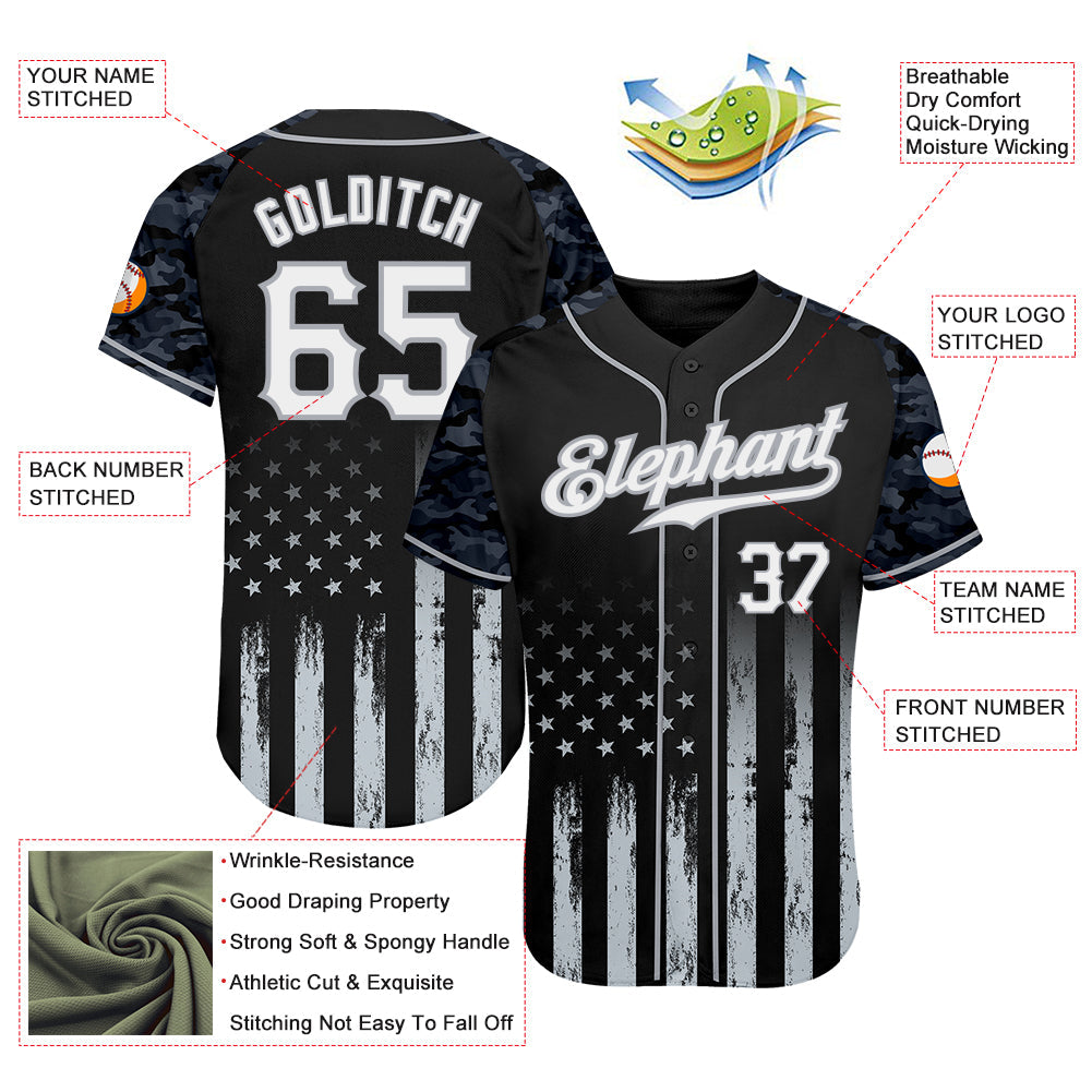 Custom Black White-Gray Camo Raglan Sleeves American Flag Patriotic Authentic Baseball Jersey view 3
