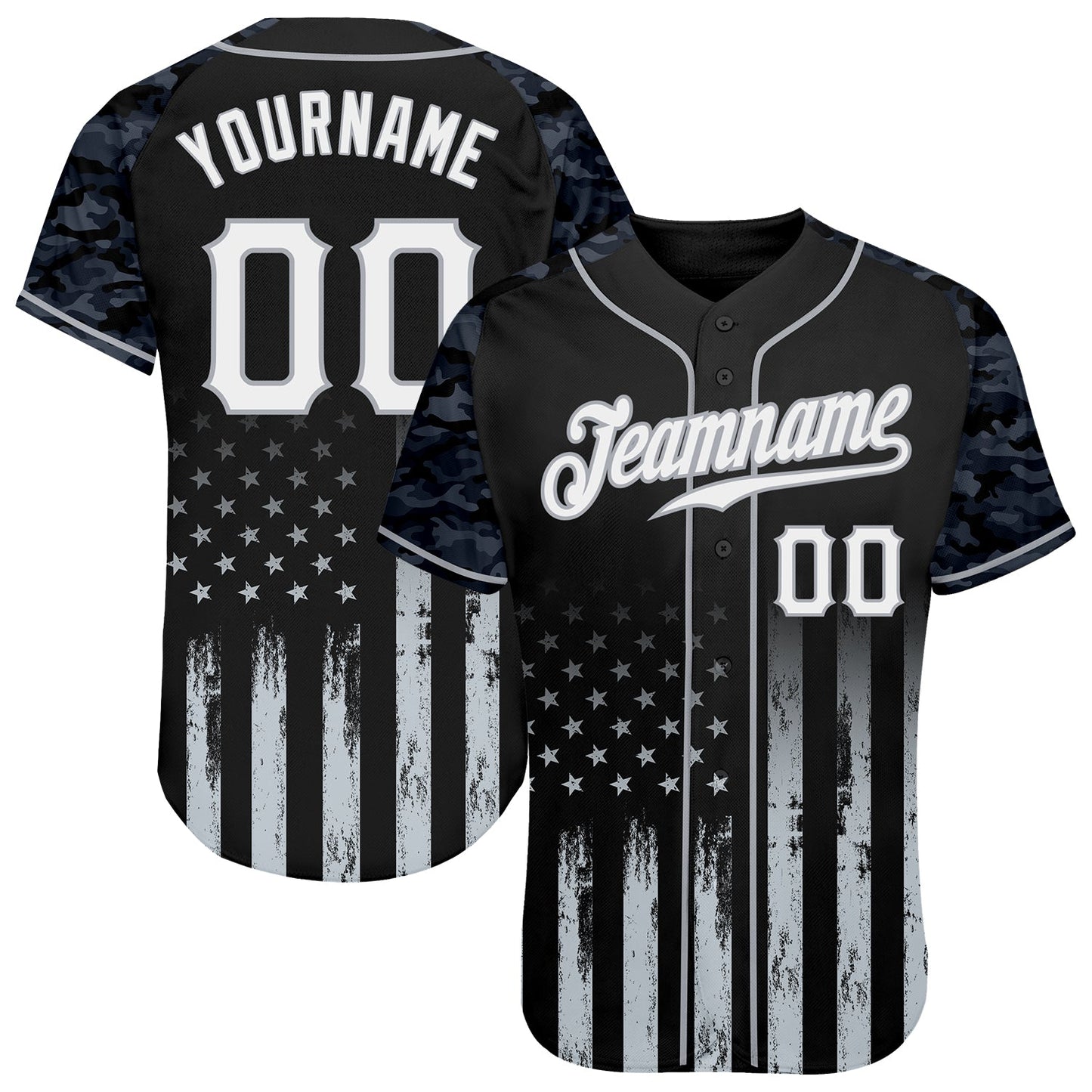 Custom Black White-Gray Camo Raglan Sleeves American Flag Patriotic Authentic Baseball Jersey - Main View