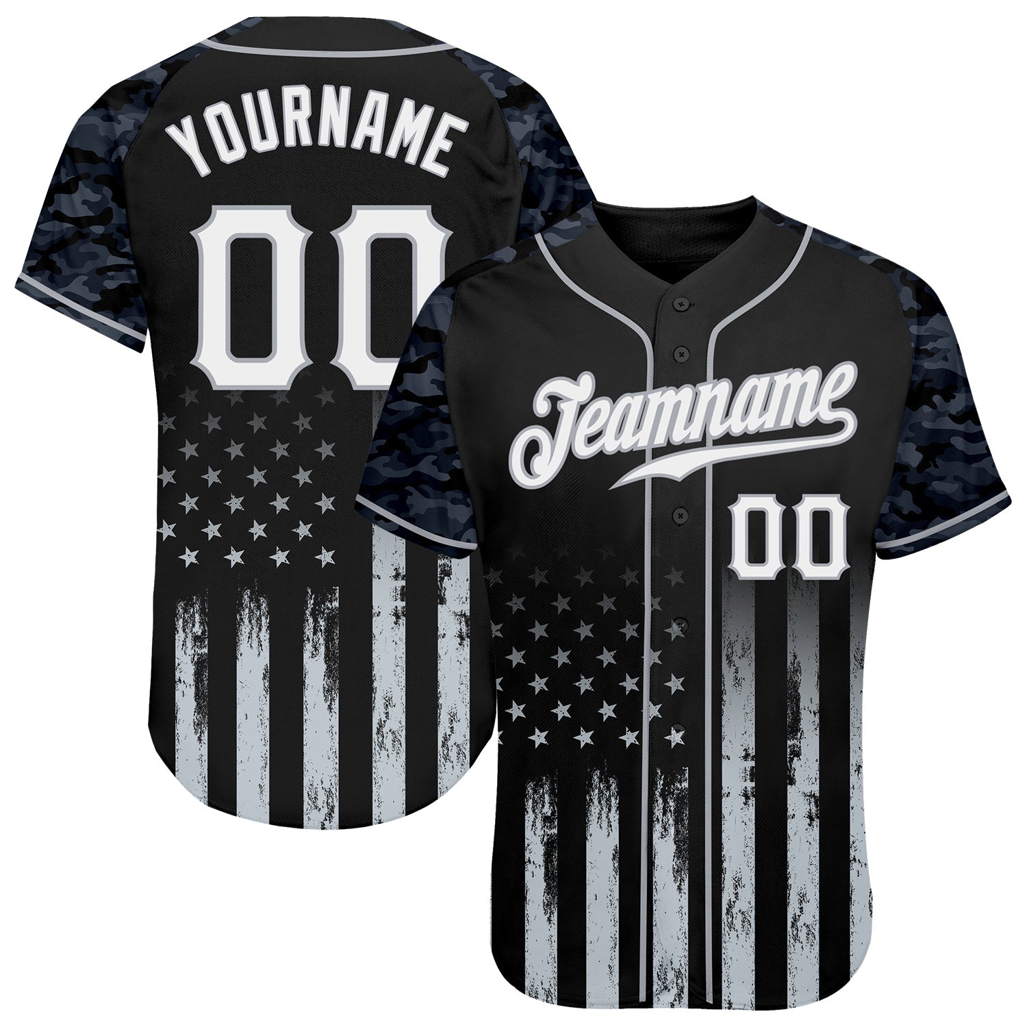 Custom Black White-Gray Camo Raglan Sleeves American Flag Patriotic Authentic Baseball Jersey - Main View