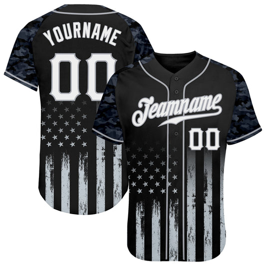 Custom Black White-Gray Camo Raglan Sleeves American Flag Patriotic Authentic Baseball Jersey - Main View