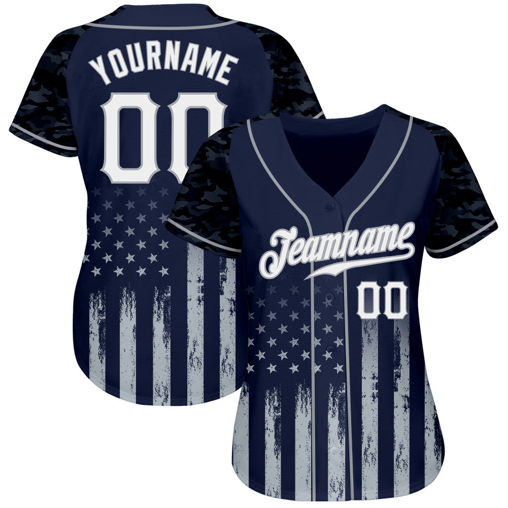 Custom Navy White-Gray Camo Raglan Sleeves American Flag Patriotic Authentic Baseball Jersey view 2