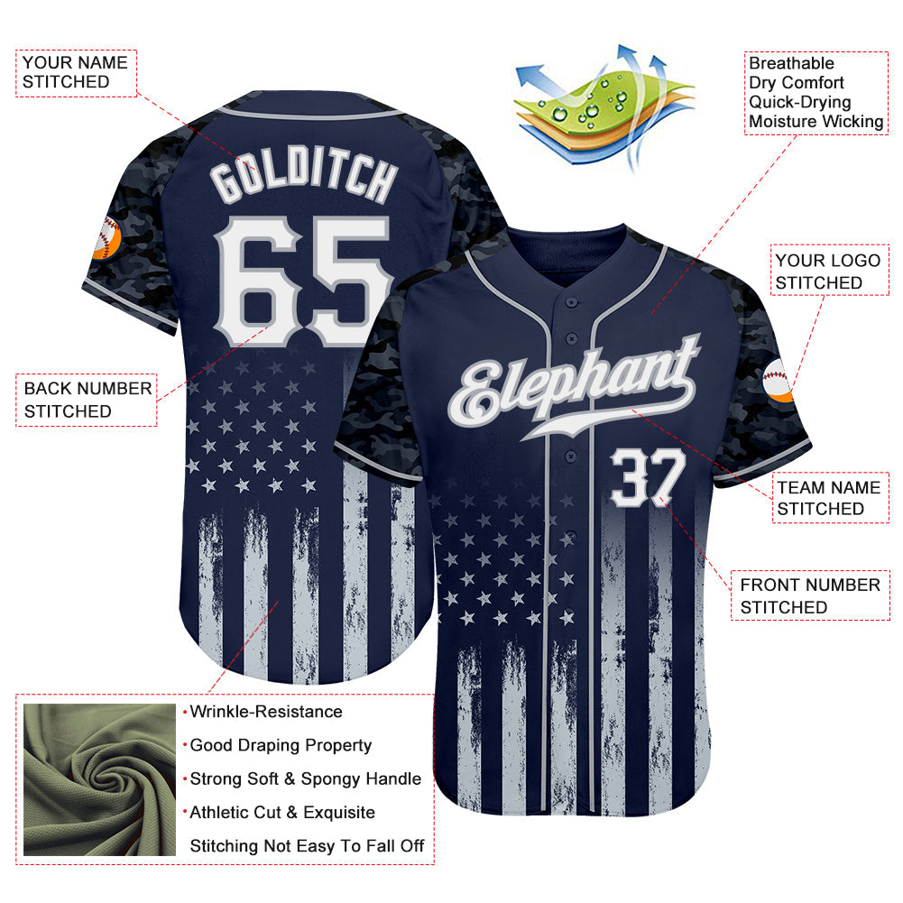 Custom Navy White-Gray Camo Raglan Sleeves American Flag Patriotic Authentic Baseball Jersey view 3