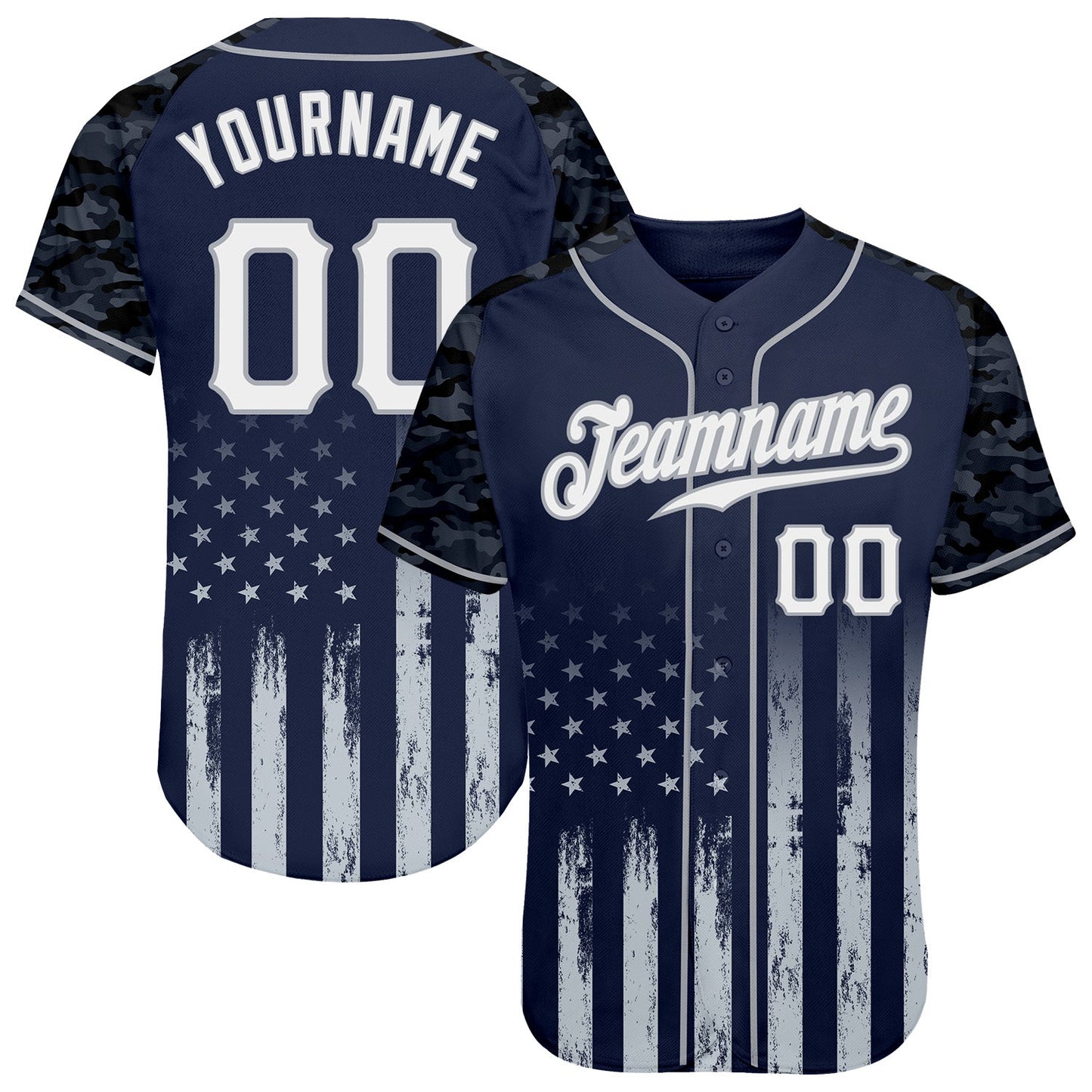 Custom Navy White-Gray Camo Raglan Sleeves American Flag Patriotic Authentic Baseball Jersey - Main View