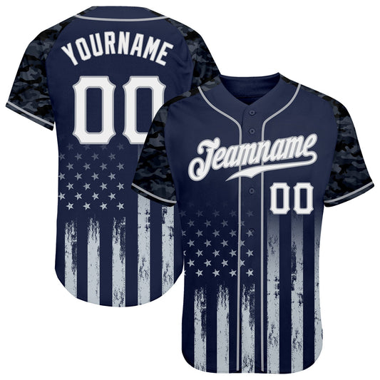 Custom Navy White-Gray Camo Raglan Sleeves American Flag Patriotic Authentic Baseball Jersey - Main View