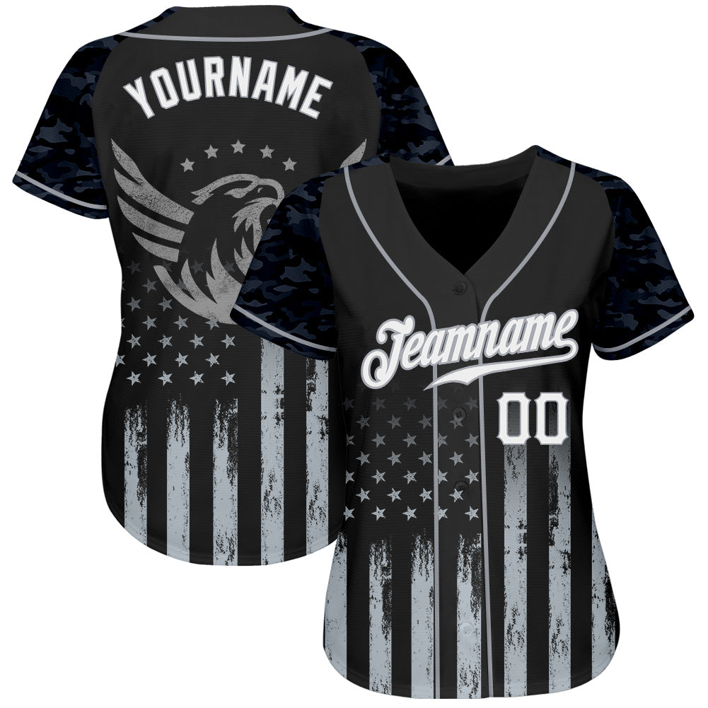 Custom Black White-Gray Camo Raglan Sleeves American Flag Eagle Patriotic Authentic Baseball Jersey view 2