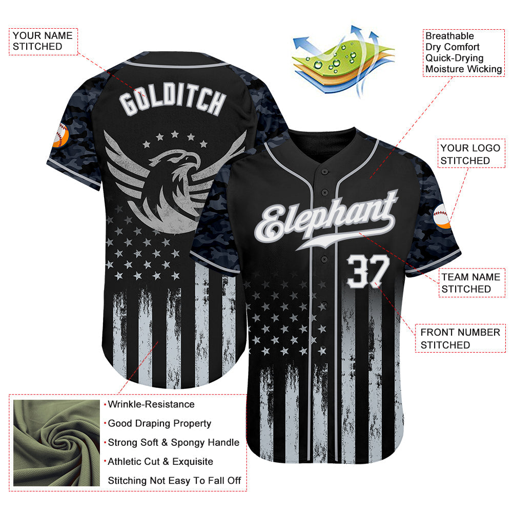 Custom Black White-Gray Camo Raglan Sleeves American Flag Eagle Patriotic Authentic Baseball Jersey view 3