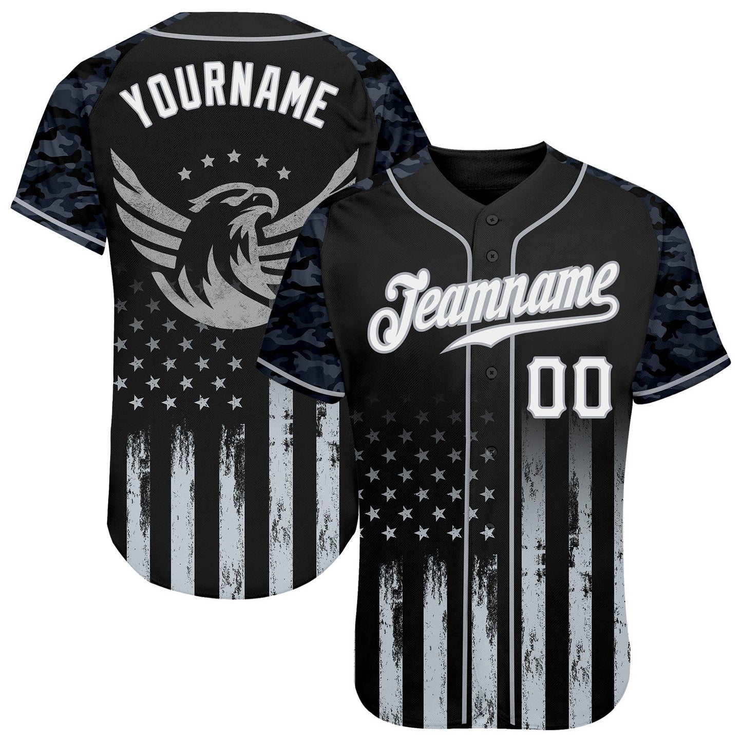 Custom Black White-Gray Camo Raglan Sleeves American Flag Eagle Patriotic Authentic Baseball Jersey - Main View