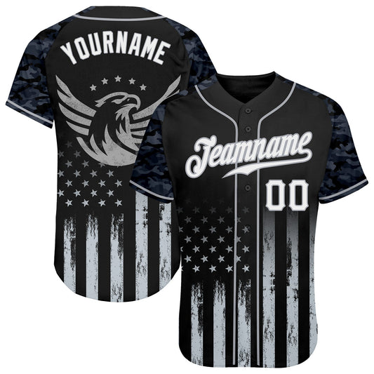 Custom Black White-Gray Camo Raglan Sleeves American Flag Eagle Patriotic Authentic Baseball Jersey - Main View