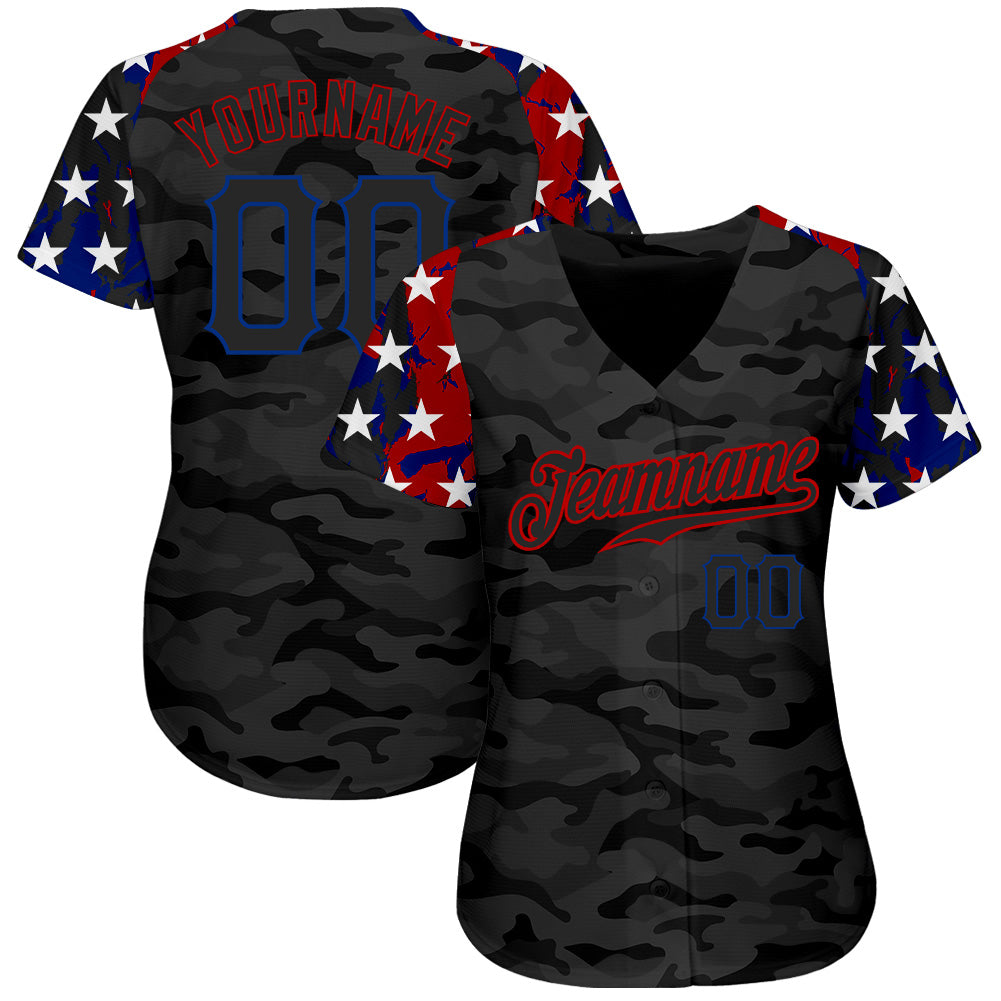 Custom Camo Black Royal-Red American Flag Star Raglan Sleeves Patriotic Authentic Baseball Jersey view 2