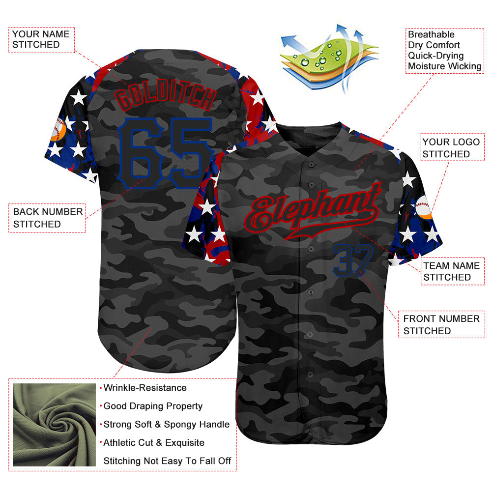 Custom Camo Black Royal-Red American Flag Star Raglan Sleeves Patriotic Authentic Baseball Jersey view 3