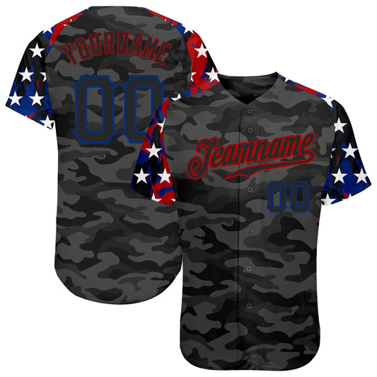 Custom Camo Black Royal-Red American Flag Star Raglan Sleeves Patriotic Authentic Baseball Jersey - Main View