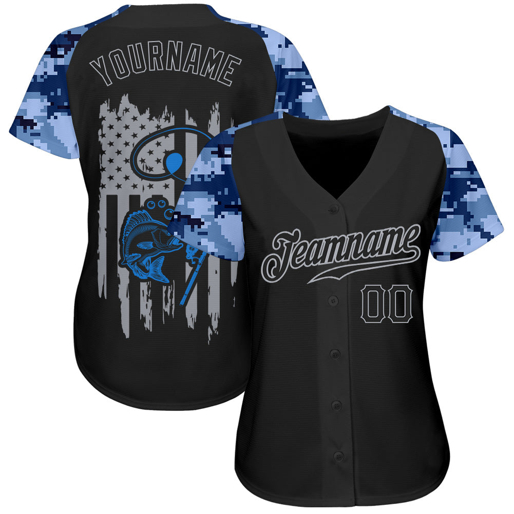 Custom Black Gray American Flag Patriotic Camo Raglan Sleeves Fishing Authentic Baseball Jersey view 2