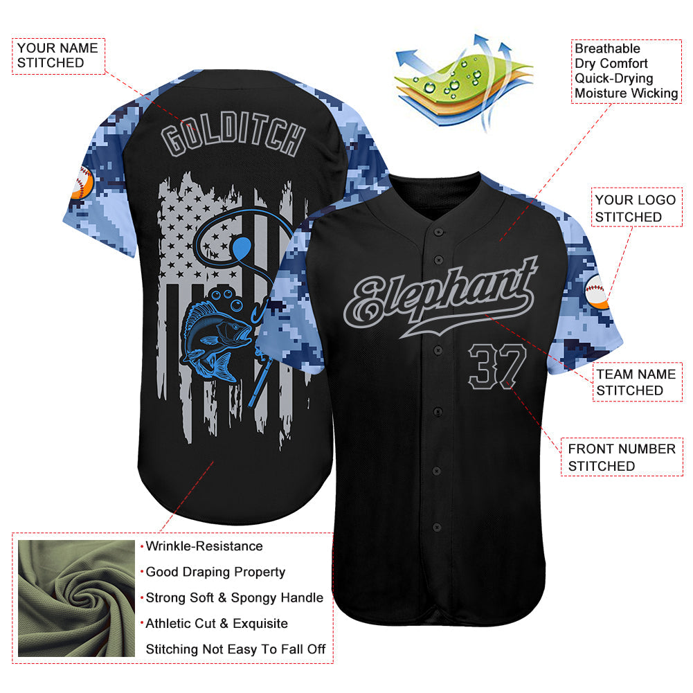 Custom Black Gray American Flag Patriotic Camo Raglan Sleeves Fishing Authentic Baseball Jersey view 3
