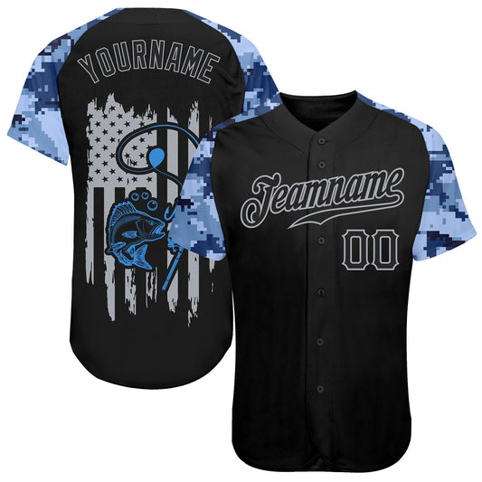 Custom Black Gray American Flag Patriotic Camo Raglan Sleeves Fishing Authentic Baseball Jersey - Main View