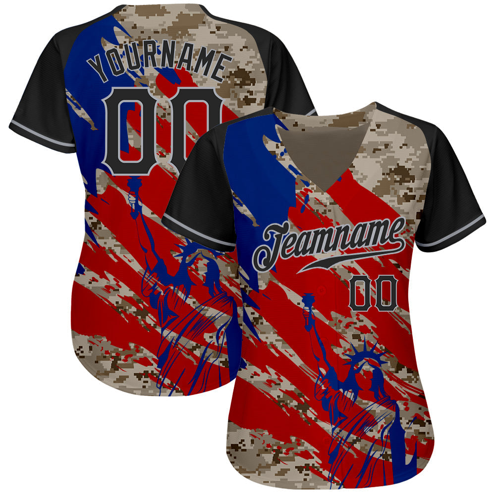 Custom Camo Black Red-Gray American Flag Statue Of Liberty Patriotic Splatter Raglan Sleeves Authentic Baseball Jersey view 2