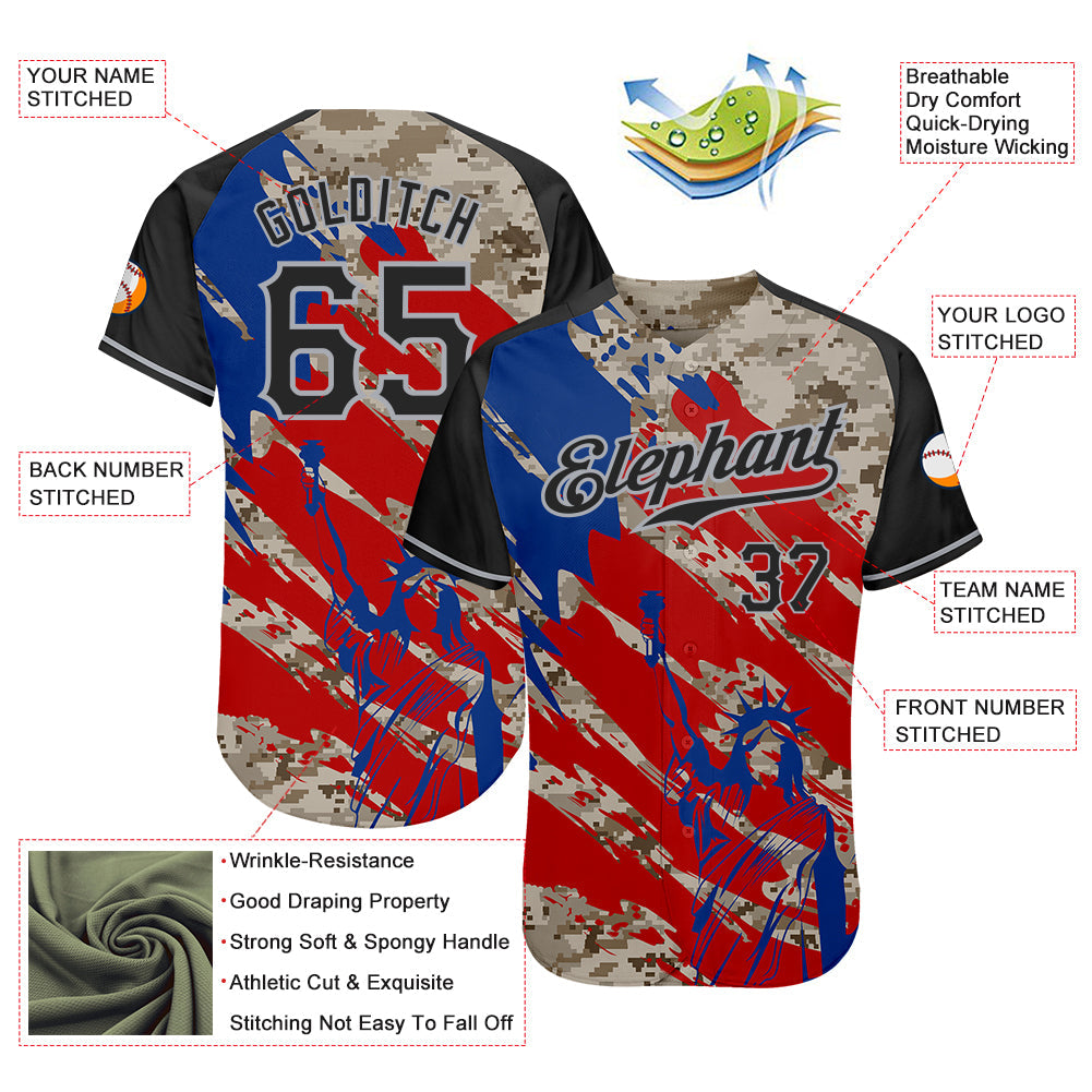 Custom Camo Black Red-Gray American Flag Statue Of Liberty Patriotic Splatter Raglan Sleeves Authentic Baseball Jersey view 3