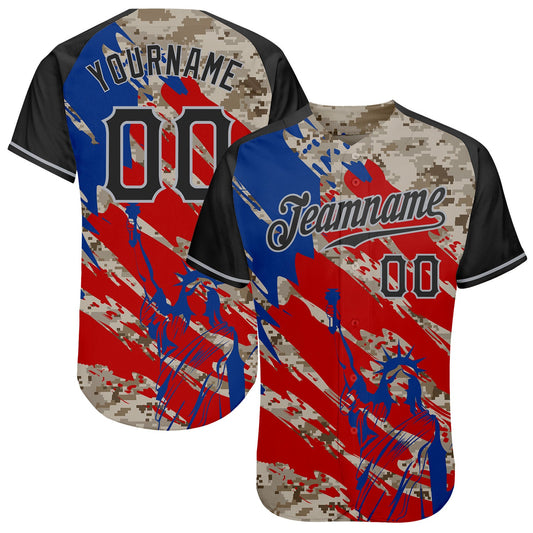 Custom Camo Black Red-Gray American Flag Statue Of Liberty Patriotic Splatter Raglan Sleeves Authentic Baseball Jersey - Main View