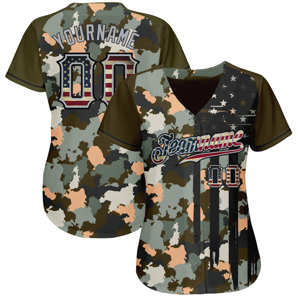 Custom Camo Vintage USA Flag Olive Gray-Black Patriotic Raglan Sleeves Authentic Baseball Jersey view 2