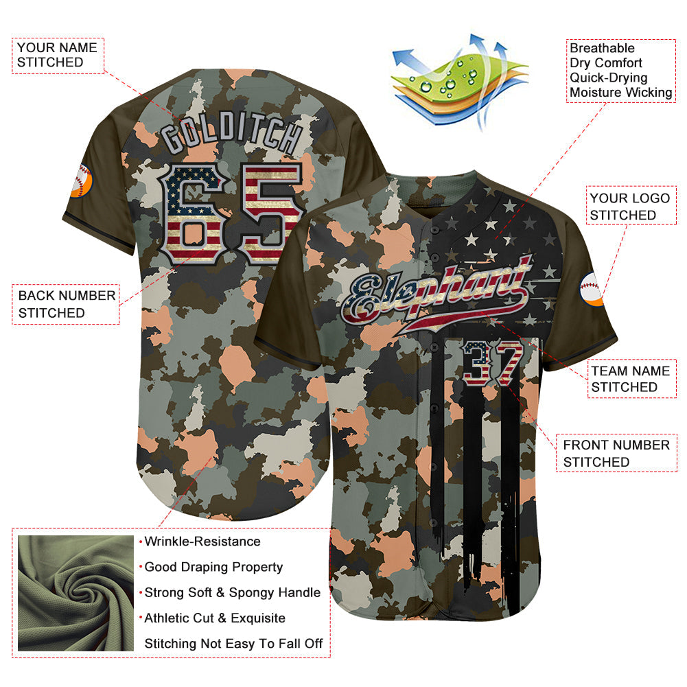 Custom Camo Vintage USA Flag Olive Gray-Black Patriotic Raglan Sleeves Authentic Baseball Jersey view 3