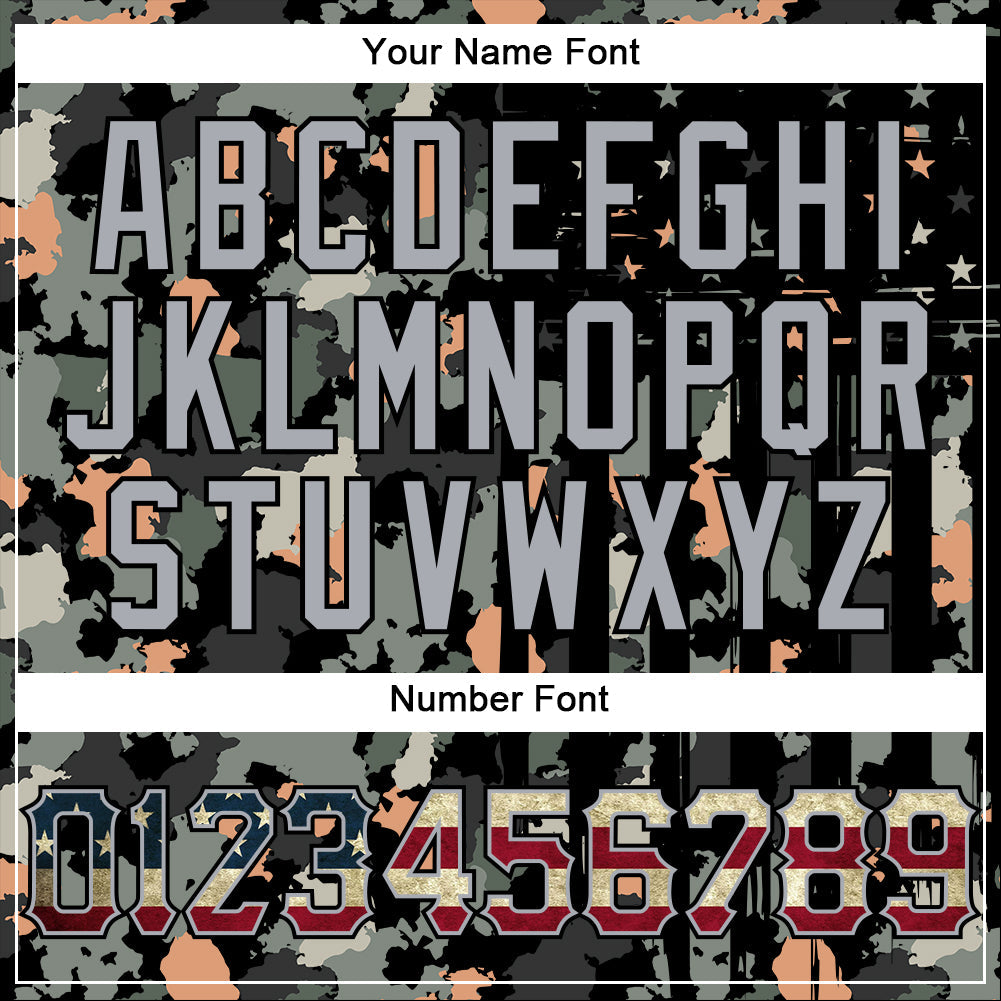 Custom Camo Vintage USA Flag Olive Gray-Black Patriotic Raglan Sleeves Authentic Baseball Jersey view 5