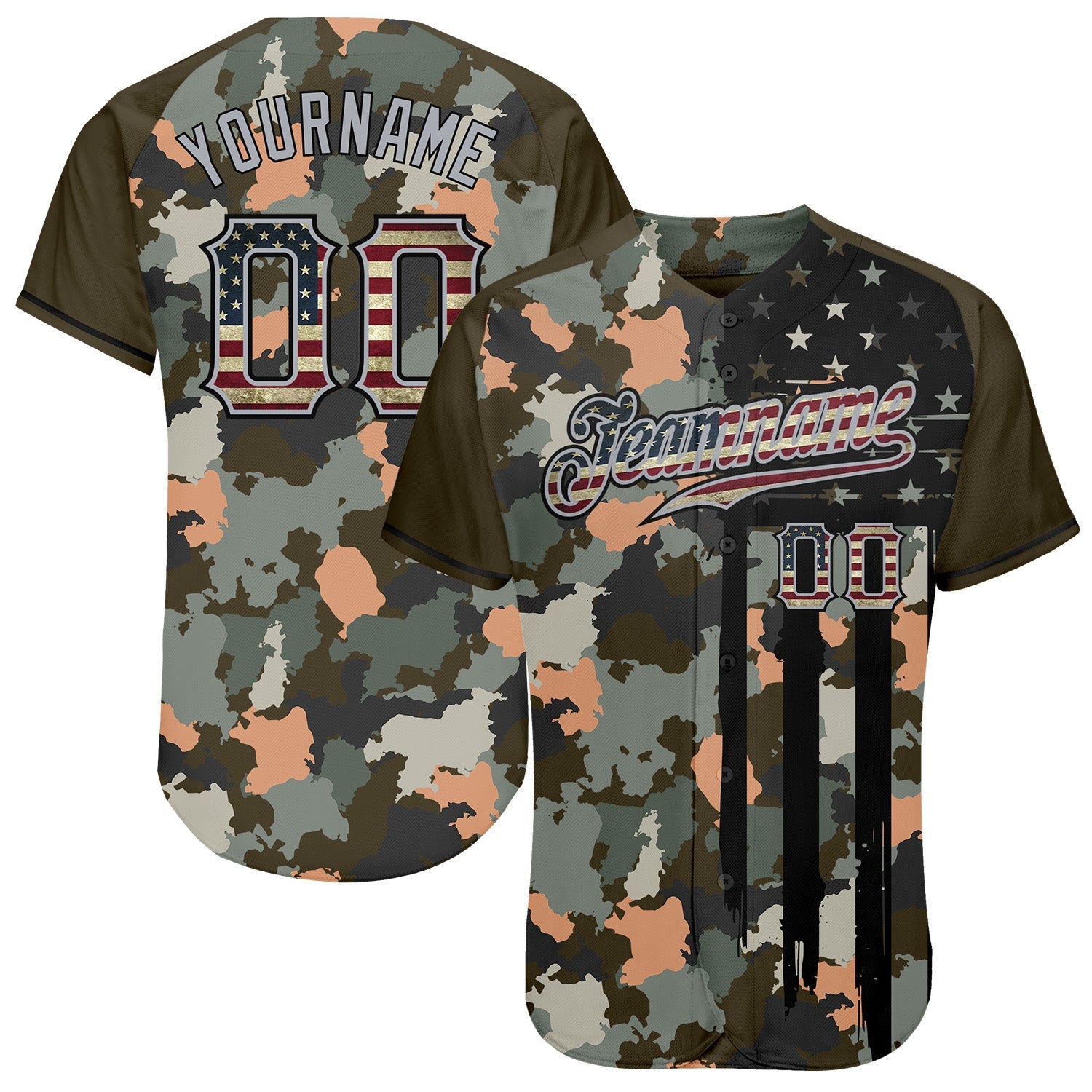 Custom Camo Vintage USA Flag Olive Gray-Black Patriotic Raglan Sleeves Authentic Baseball Jersey - Main View