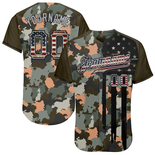 Custom Camo Vintage USA Flag Olive Gray-Black Patriotic Raglan Sleeves Authentic Baseball Jersey - Main View