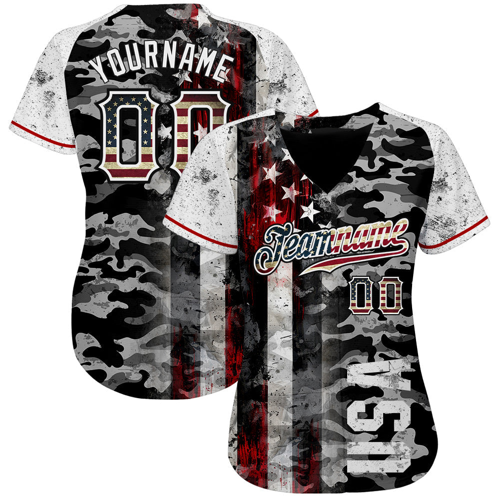 Custom Camo Vintage USA Flag Black Red-White Patriotic Grunge Raglan Sleeves Authentic Baseball Jersey view 2