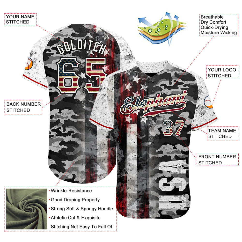 Custom Camo Vintage USA Flag Black Red-White Patriotic Grunge Raglan Sleeves Authentic Baseball Jersey view 3
