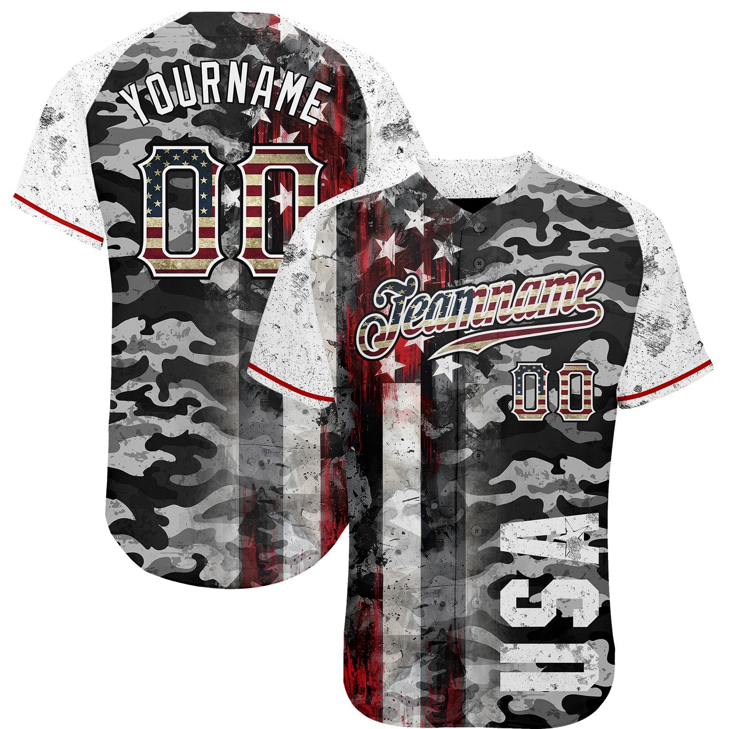 Custom Camo Vintage USA Flag Black Red-White Patriotic Grunge Raglan Sleeves Authentic Baseball Jersey - Main View