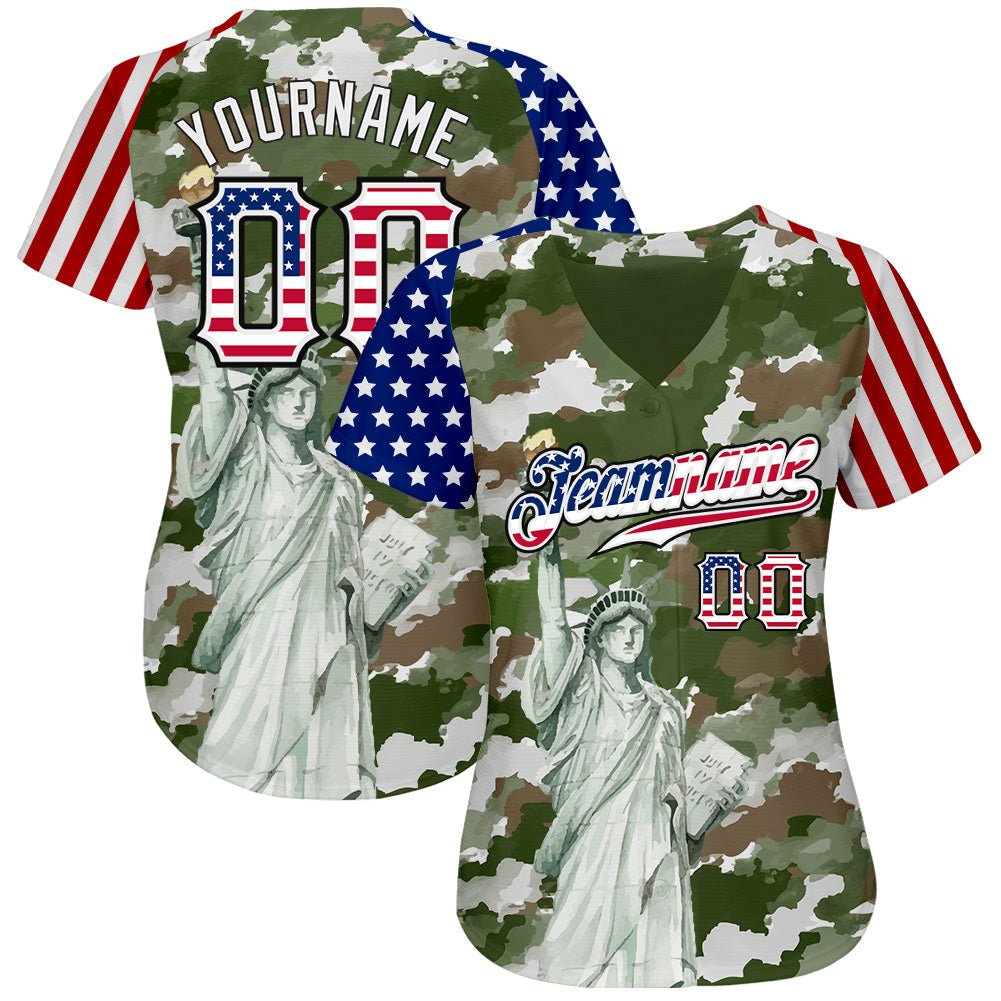 Custom Camo USA Flag Red Blue Black-White Statue Of Liberty Patriotic Stars & Stripes Raglan Sleeves Authentic Baseball Jersey view 2