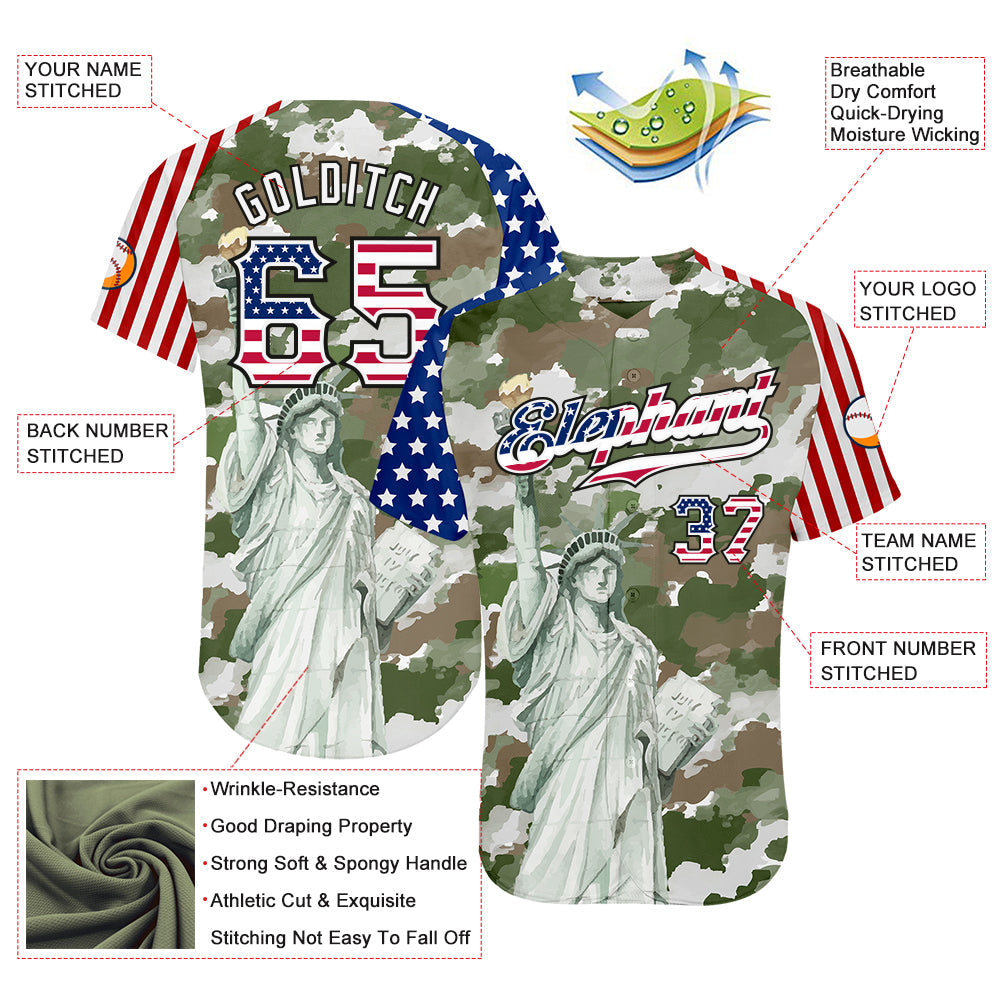Custom Camo USA Flag Red Blue Black-White Statue Of Liberty Patriotic Stars & Stripes Raglan Sleeves Authentic Baseball Jersey view 3