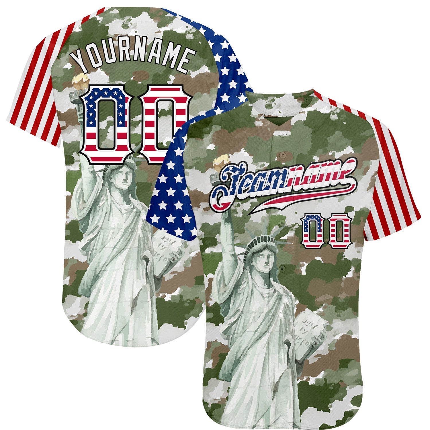 Custom Camo USA Flag Red Blue Black-White Statue Of Liberty Patriotic Stars & Stripes Raglan Sleeves Authentic Baseball Jersey - Main View