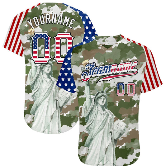 Custom Camo USA Flag Red Blue Black-White Statue Of Liberty Patriotic Stars & Stripes Raglan Sleeves Authentic Baseball Jersey - Main View
