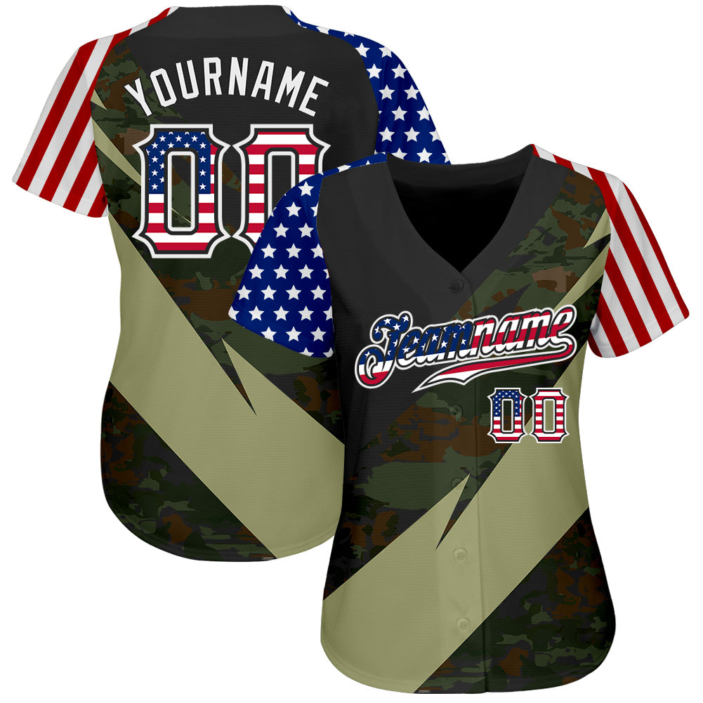 Custom Camo USA Flag Red Blue Black-White Patriotic Stars & Stripes Raglan Sleeves Authentic Baseball Jersey view 2