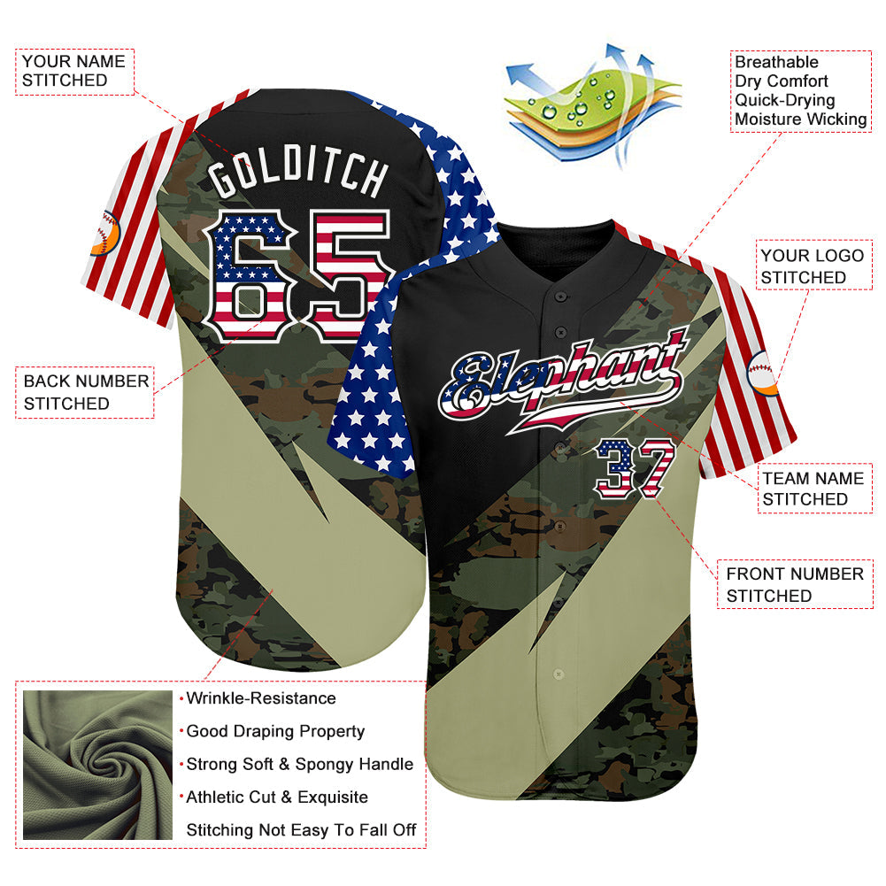 Custom Camo USA Flag Red Blue Black-White Patriotic Stars & Stripes Raglan Sleeves Authentic Baseball Jersey view 3