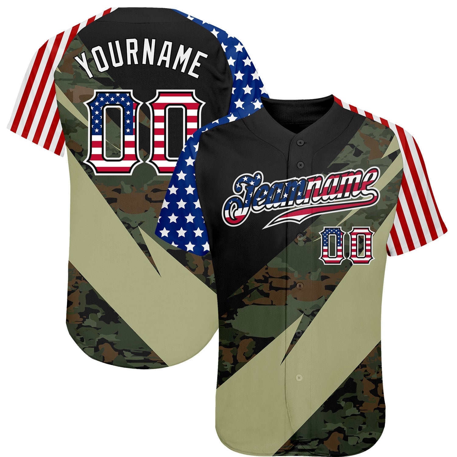 Custom Camo USA Flag Red Blue Black-White Patriotic Stars & Stripes Raglan Sleeves Authentic Baseball Jersey - Main View