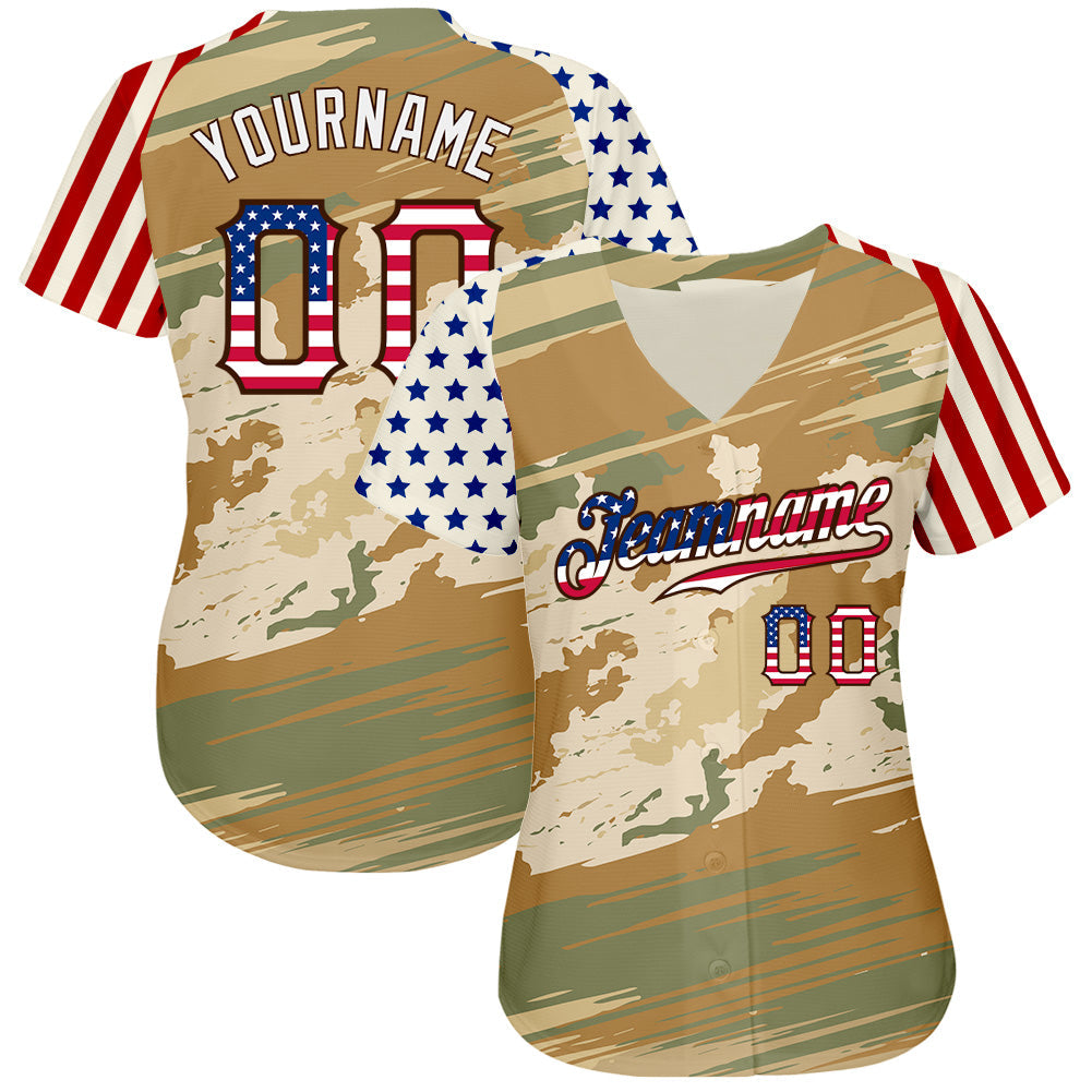 Custom Camo USA Flag Cream-Brown Patriotic Desert Camouflage Stars & Stripes Raglan Sleeves Authentic Baseball Jersey view 2