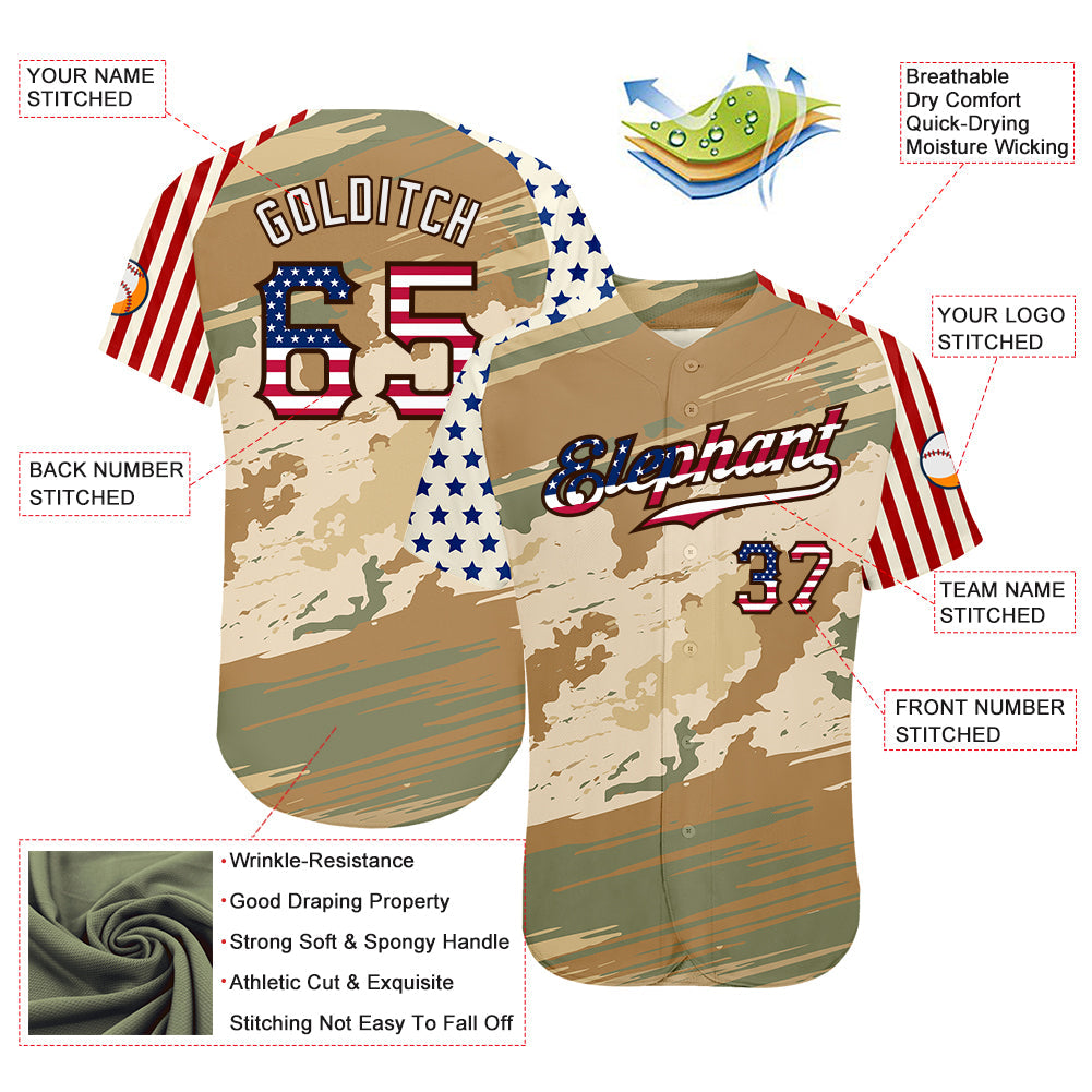 Custom Camo USA Flag Cream-Brown Patriotic Desert Camouflage Stars & Stripes Raglan Sleeves Authentic Baseball Jersey view 3