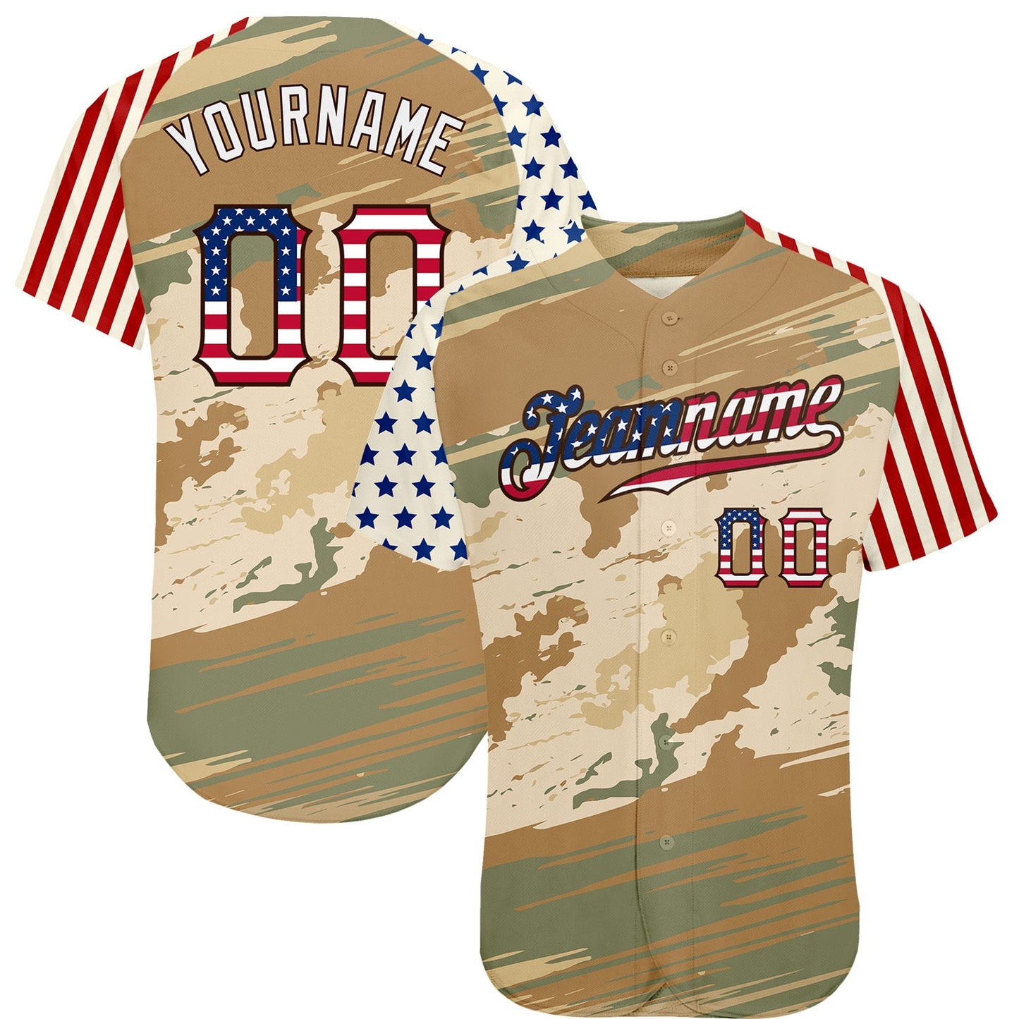 Custom Camo USA Flag Cream-Brown Patriotic Desert Camouflage Stars & Stripes Raglan Sleeves Authentic Baseball Jersey - Main View