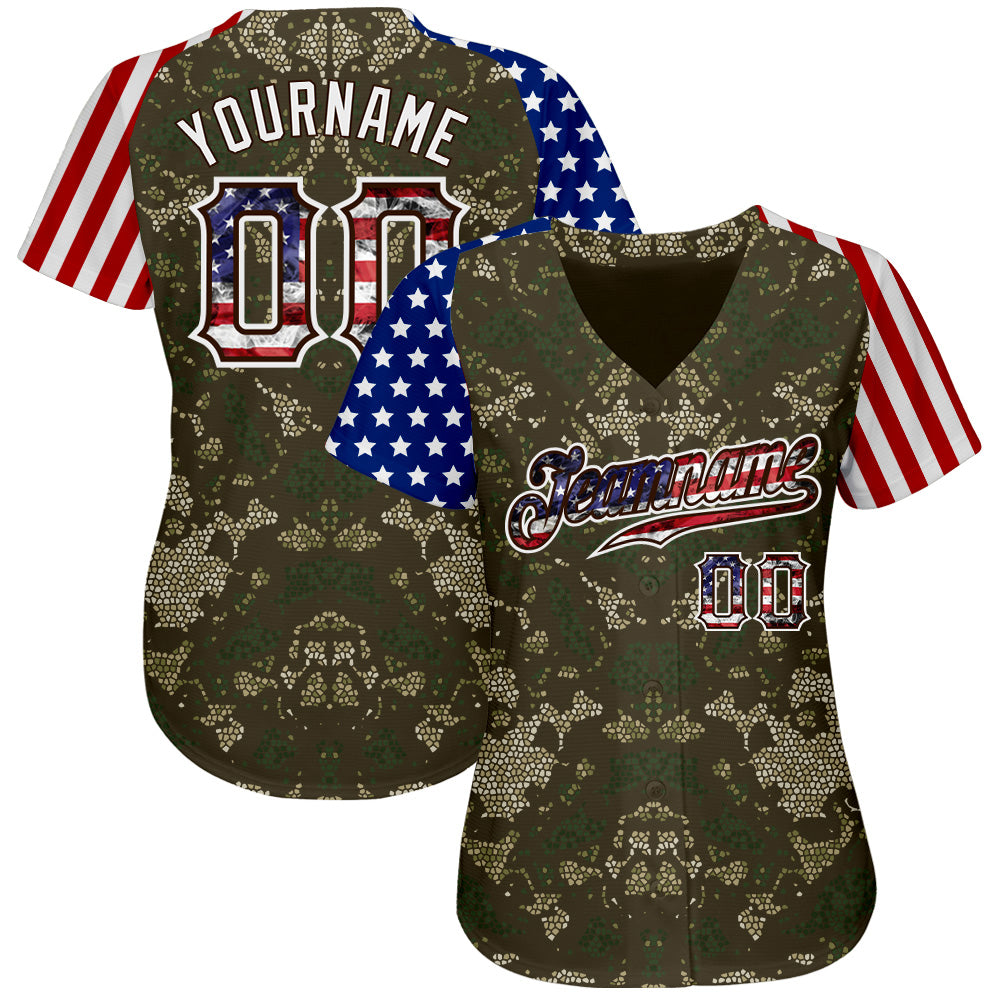 Custom Camo USA Flag Red Blue Brown-White Patriotic Mosaic Camouflage Stars & Stripes Raglan Sleeves Authentic Baseball Jersey view 2