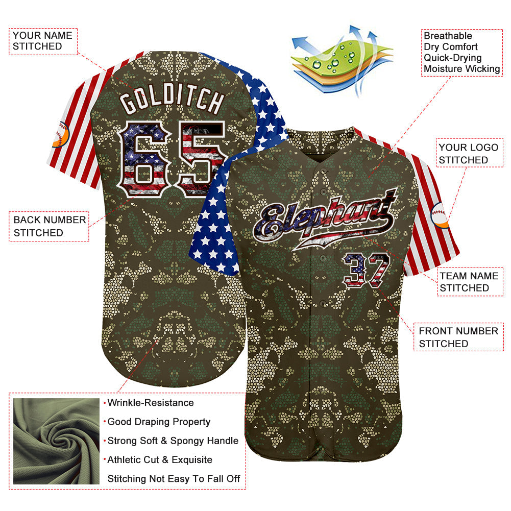 Custom Camo USA Flag Red Blue Brown-White Patriotic Mosaic Camouflage Stars & Stripes Raglan Sleeves Authentic Baseball Jersey view 3