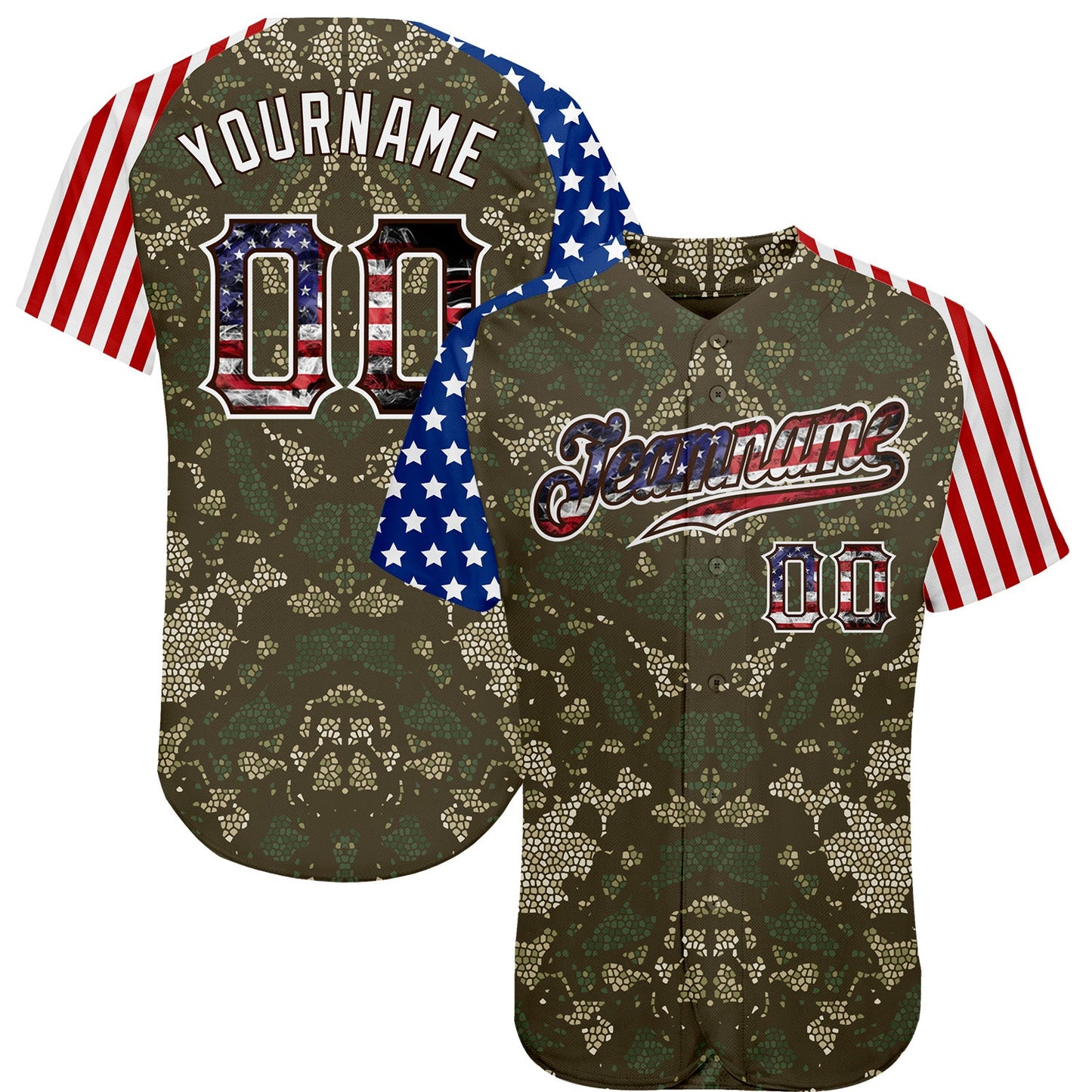 Custom Camo USA Flag Red Blue Brown-White Patriotic Mosaic Camouflage Stars & Stripes Raglan Sleeves Authentic Baseball Jersey - Main View