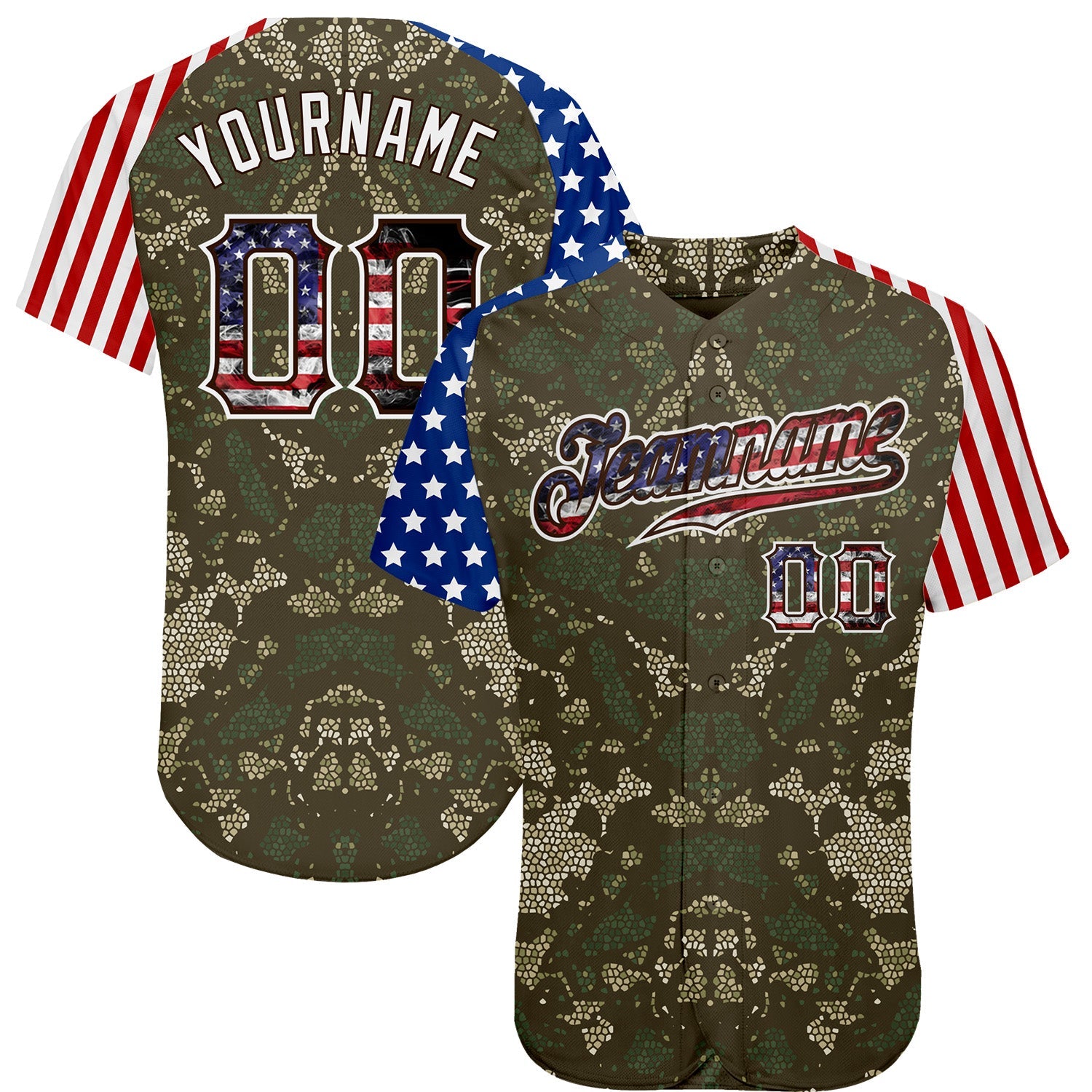 Custom Camo USA Flag Red Blue Brown-White Patriotic Mosaic Camouflage Stars & Stripes Raglan Sleeves Authentic Baseball Jersey - Main View