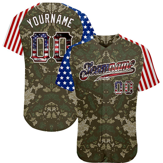 Custom Camo USA Flag Red Blue Brown-White Patriotic Mosaic Camouflage Stars & Stripes Raglan Sleeves Authentic Baseball Jersey - Main View