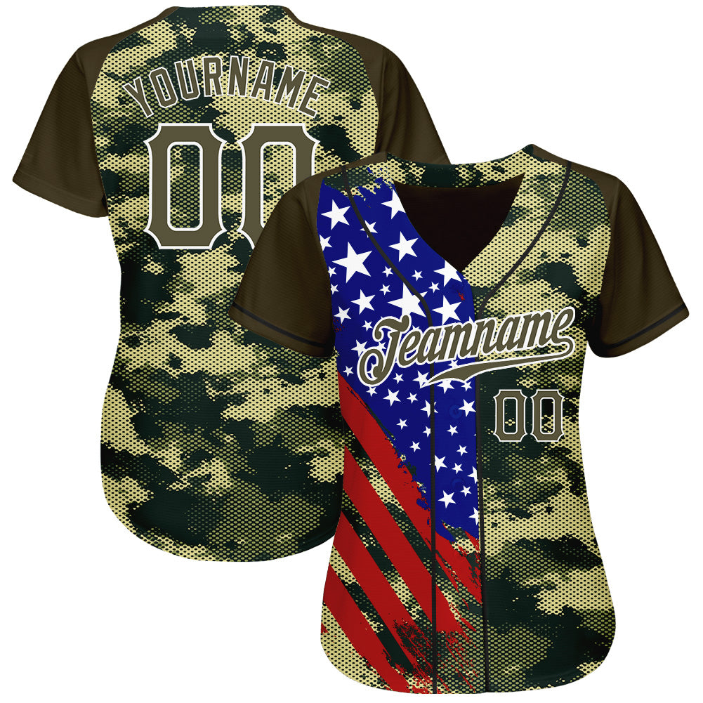 Custom Camo Olive Red Blue Black-White American Flag Side Stripe Patriotic Digital Woodland Camouflage Raglan Sleeves Authentic Baseball Jersey view 2