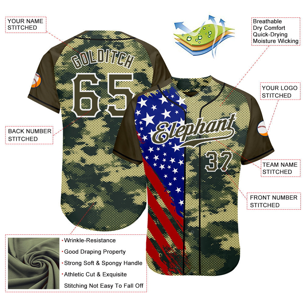 Custom Camo Olive Red Blue Black-White American Flag Side Stripe Patriotic Digital Woodland Camouflage Raglan Sleeves Authentic Baseball Jersey view 3