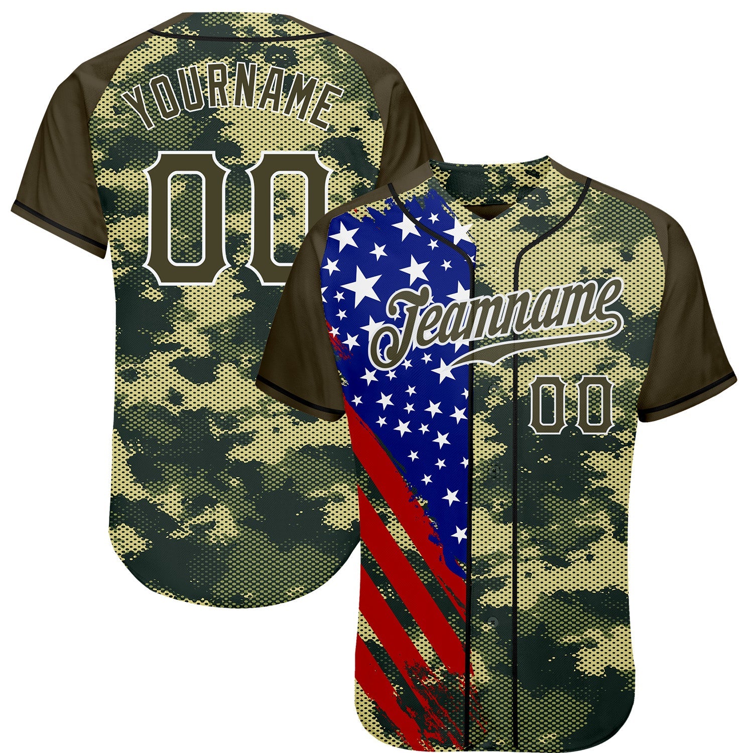 Custom Camo Olive Red Blue Black-White American Flag Side Stripe Patriotic Digital Woodland Camouflage Raglan Sleeves Authentic Baseball Jersey - Main View